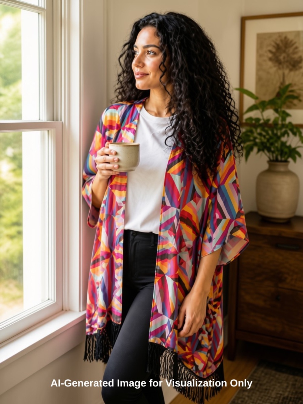 LuLaRoe Monroe Kimono Multicolor Geometric Fringe Open Front